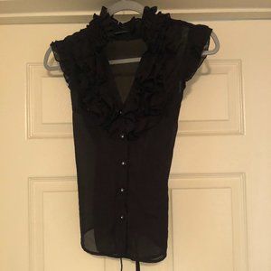 Adult Small Sheer Button Down Black Blouse with Ruffle Neckline